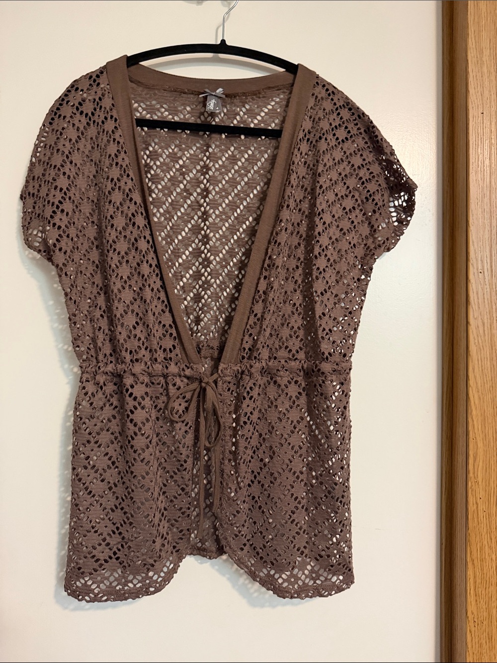 Vanity Brown Crochet Tie-Front Cardigan